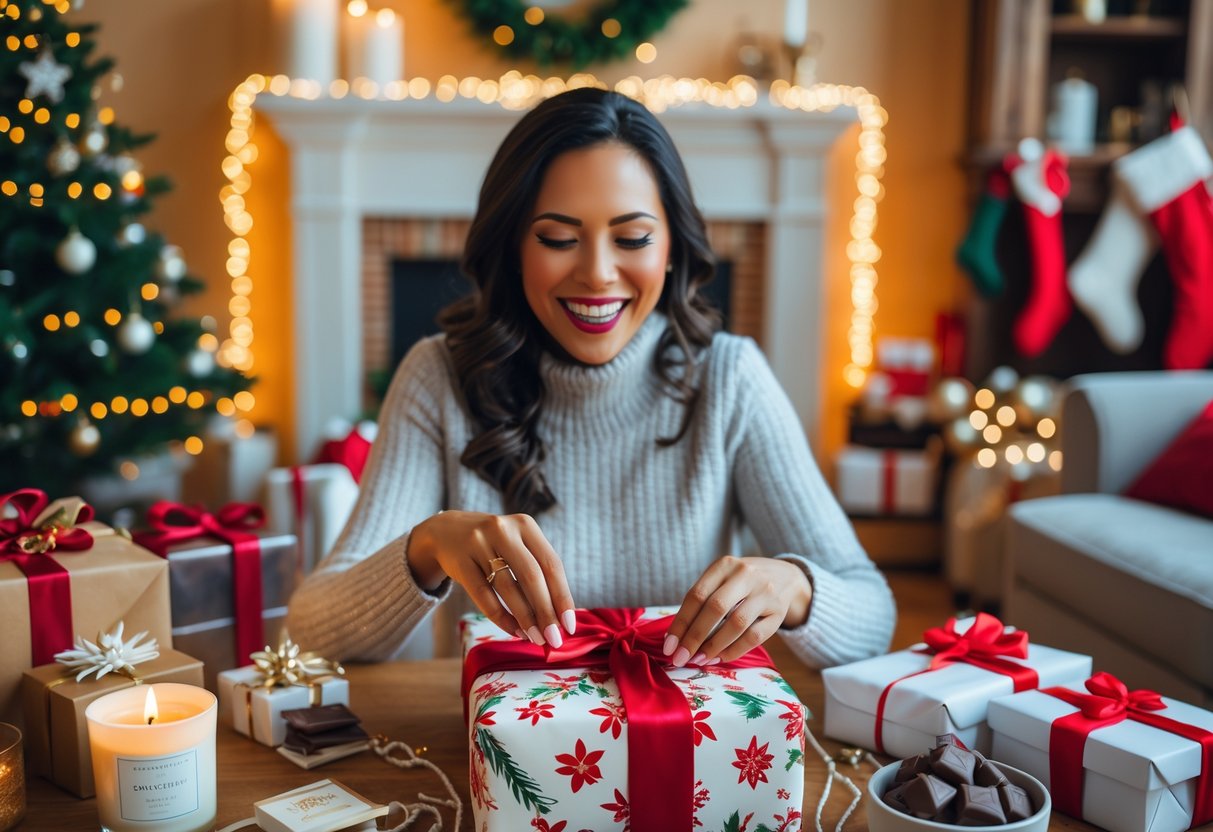 A smiling 35-year-old woman unwrapping a Christmas gift in a cozy living room decorated with a Christmas tree and festive decorations.