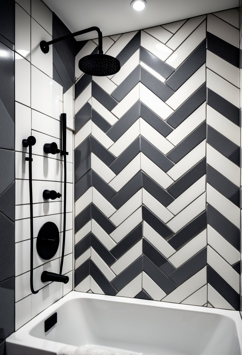 A bathroom with a bathtub and shower combo, gray and white chevron-patterned tiles on the walls, and black fixtures.