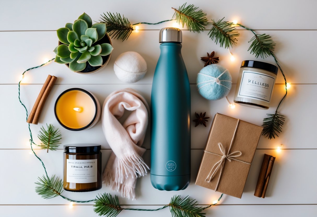 Flat lay of wellness and self-care gifts including a candle, face cream, scarf, water bottle, succulent, bath bomb, journal, and herbal tea on a wooden surface with holiday decorations.