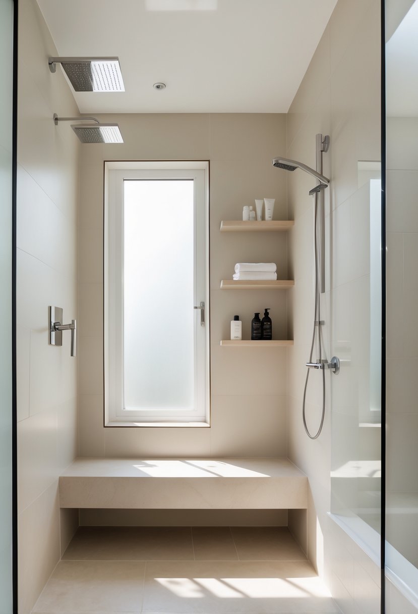 A bathroom with a built-in bench in the shower area and wall-mounted shelves holding toiletries next to a tub and shower combo.