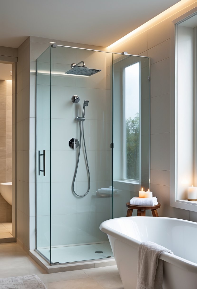 A bathroom with a glass panel shower screen integrated with a white soaking tub and chrome fixtures.