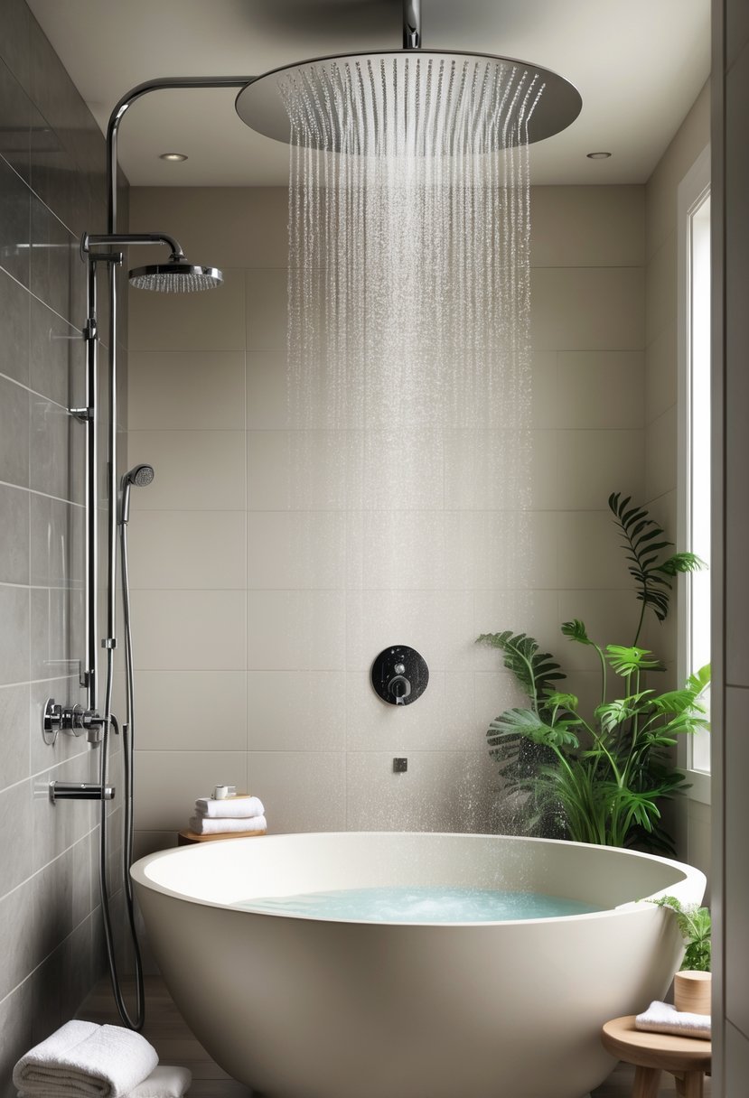A bathroom with a deep soaking tub and a rain showerhead above it.