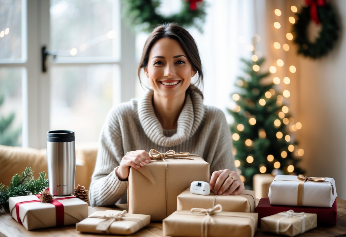 A 35-year-old woman sitting at a table with several thoughtfully wrapped Christmas gifts around her, smiling gently in a cozy room decorated for the holidays.
