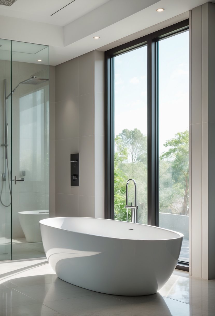 A freestanding bathtub placed next to a large window in a bright bathroom.