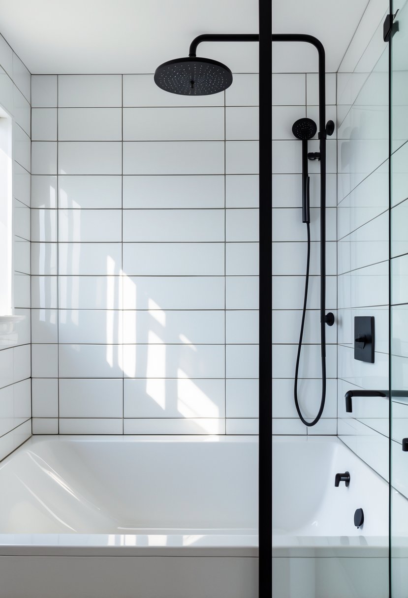 A bathroom with a bathtub and shower combo, white tiled walls, and black fixtures.