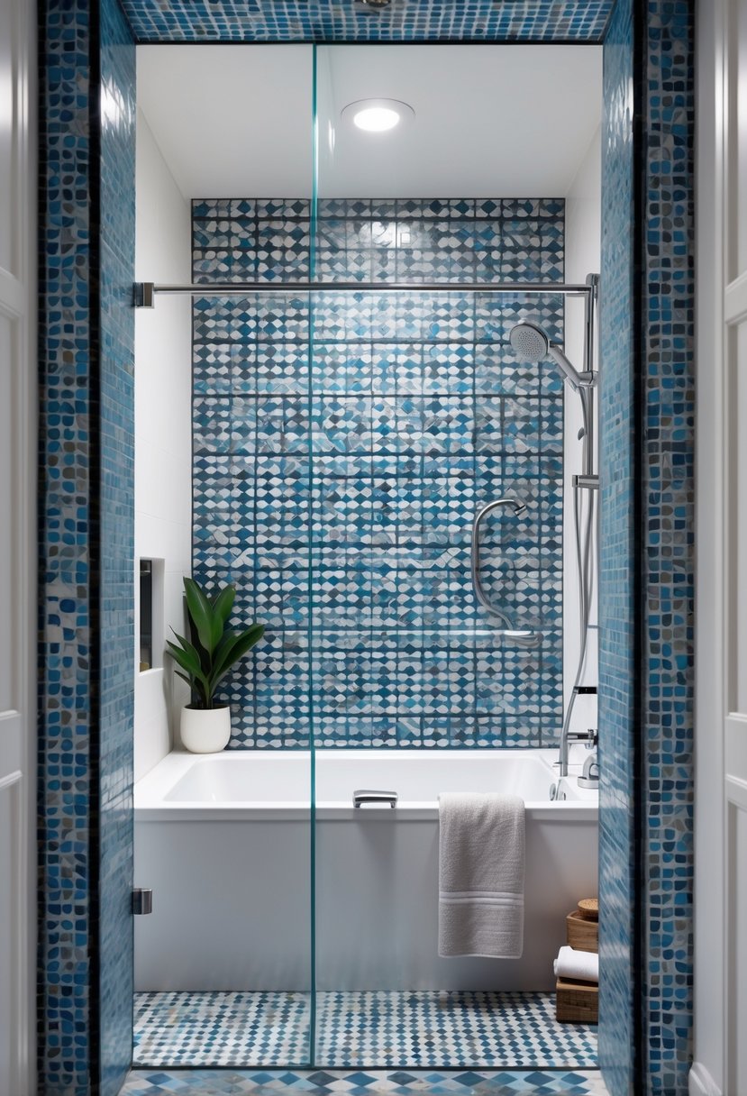 A bathroom with a bathtub and shower combo framed by geometric mosaic tiles.