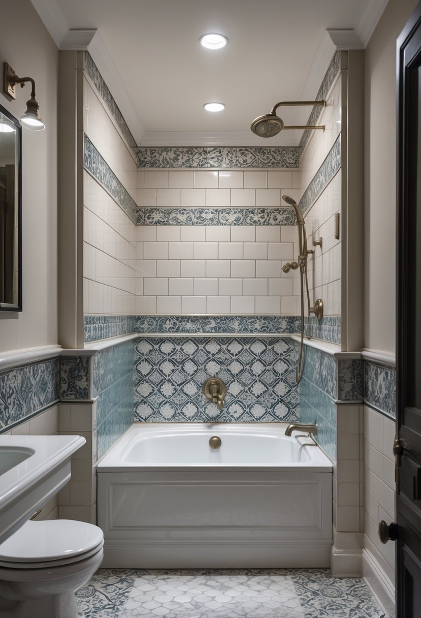 Bathroom with a tub-shower combo surrounded by patterned ceramic tile wainscoting on the walls.