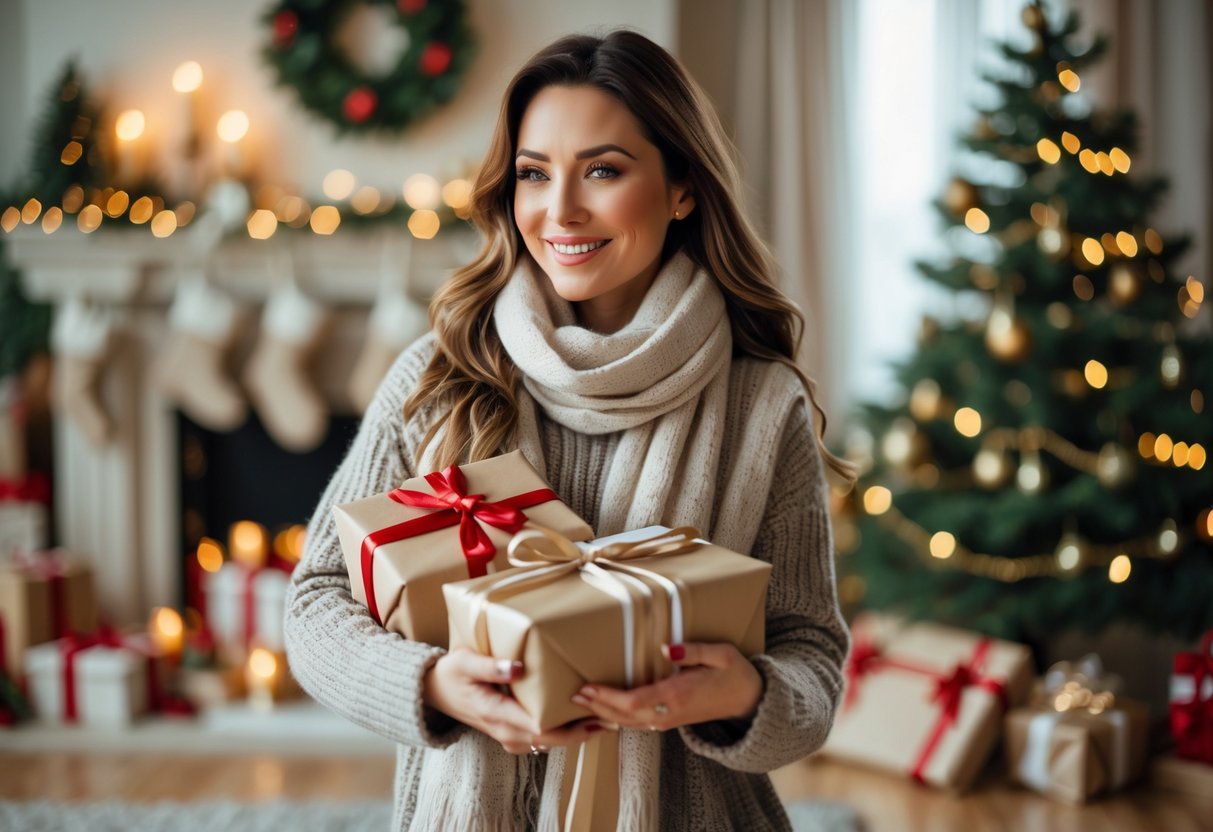 A smiling woman holding wrapped Christmas presents in a warmly decorated living room with a Christmas tree in the background.