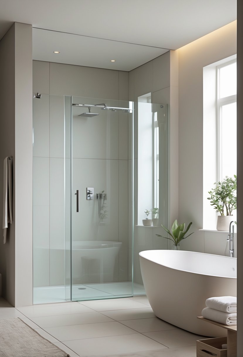 A bathroom with a clear glass shower door next to a freestanding bathtub, featuring light-colored tiles and soft natural lighting.