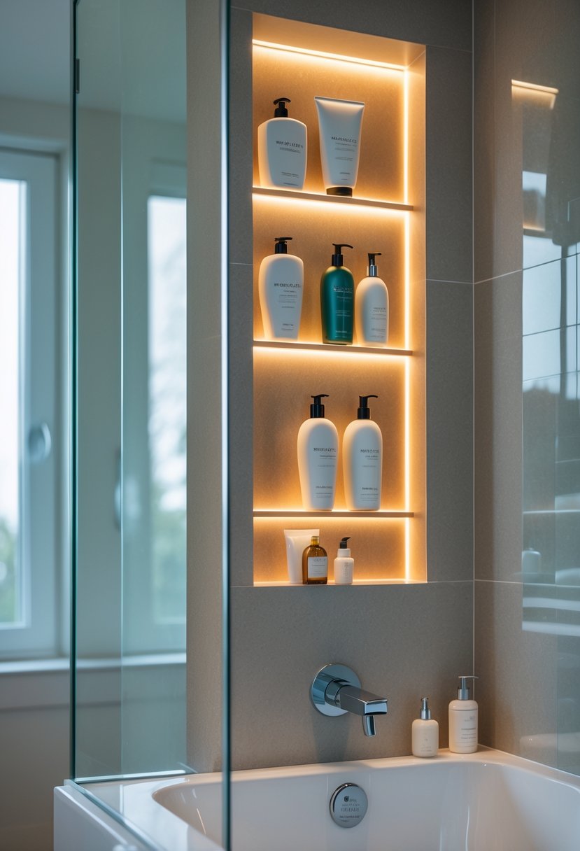 A bathroom wall niche with LED lighting holding bath essentials next to a tub and shower combo.