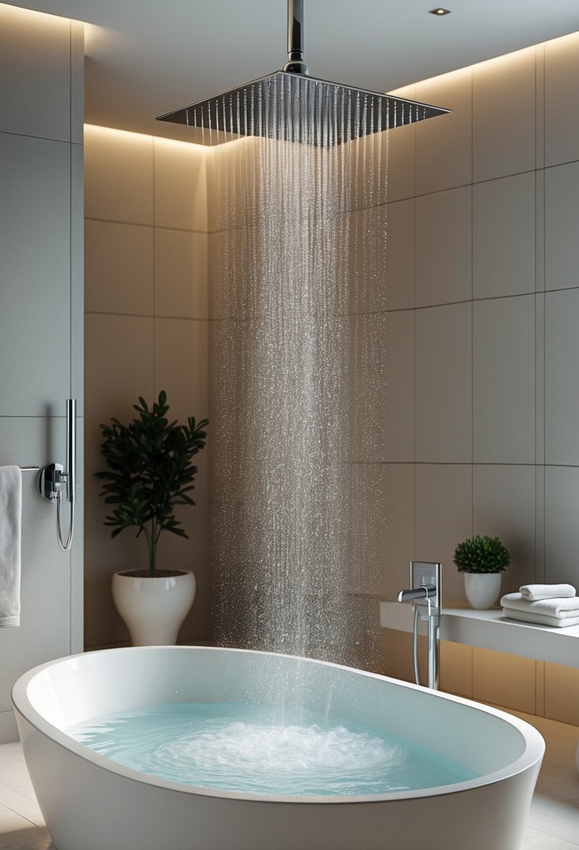 A bathroom with a chrome rainfall showerhead above an oval freestanding bathtub.