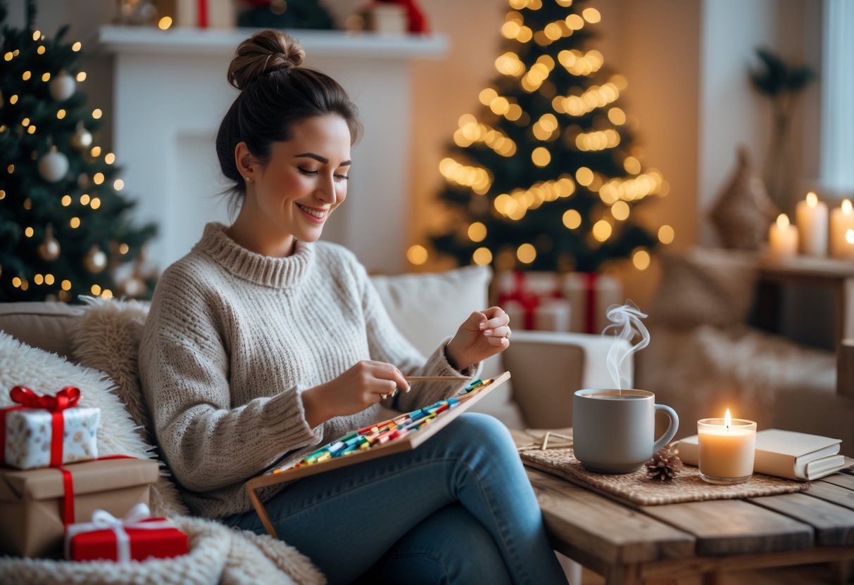 A woman in her mid-thirties relaxing at home during Christmas, surrounded by cozy decorations and thoughtful gifts related to her hobbies.
