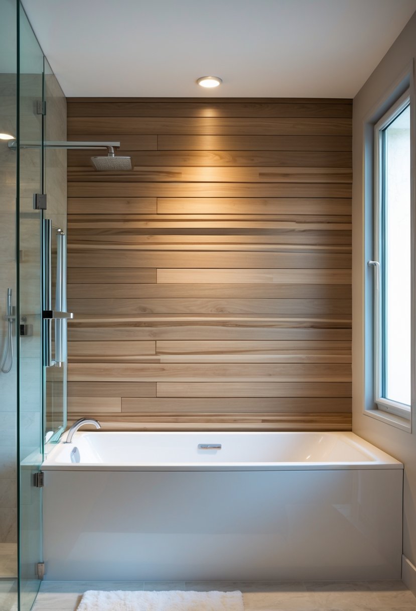 A bathroom with a wood accent wall behind a combined bathtub and shower.