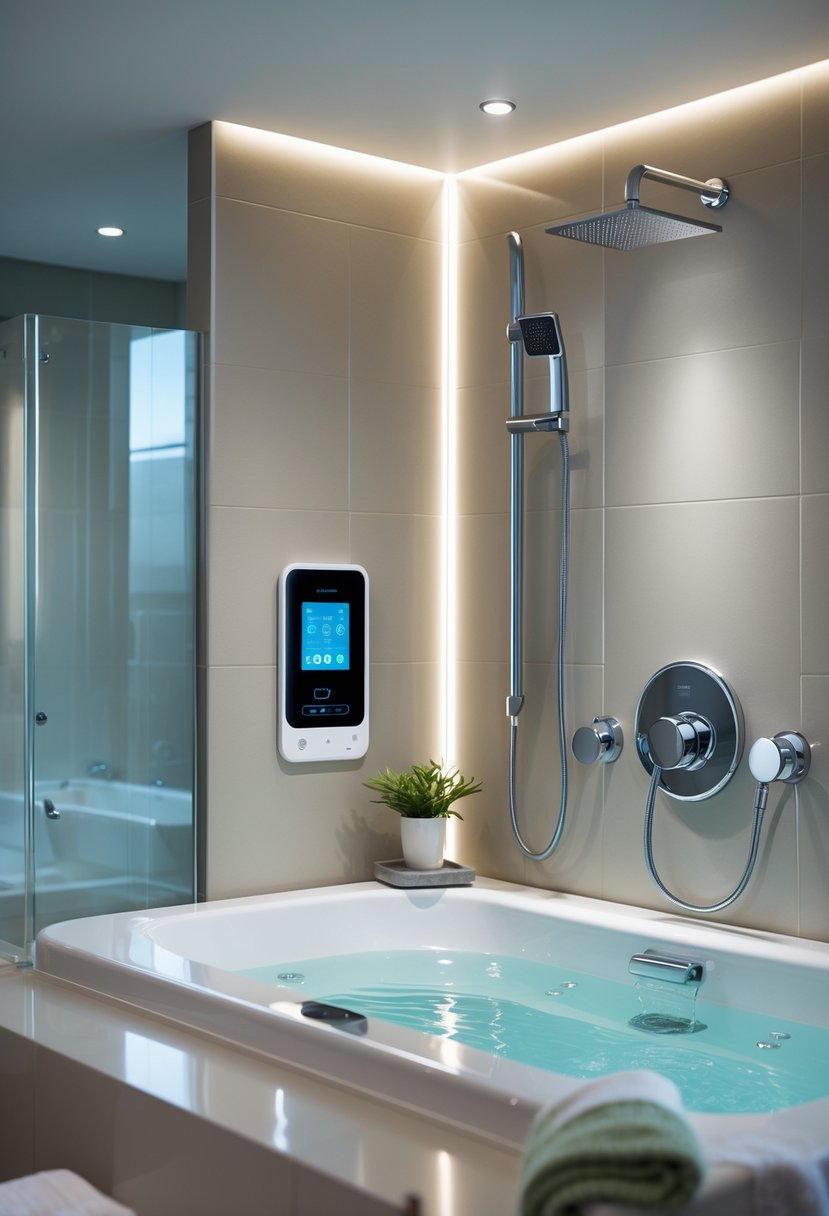 A modern bathroom with a tub and shower combo featuring digital controls for temperature and water flow.