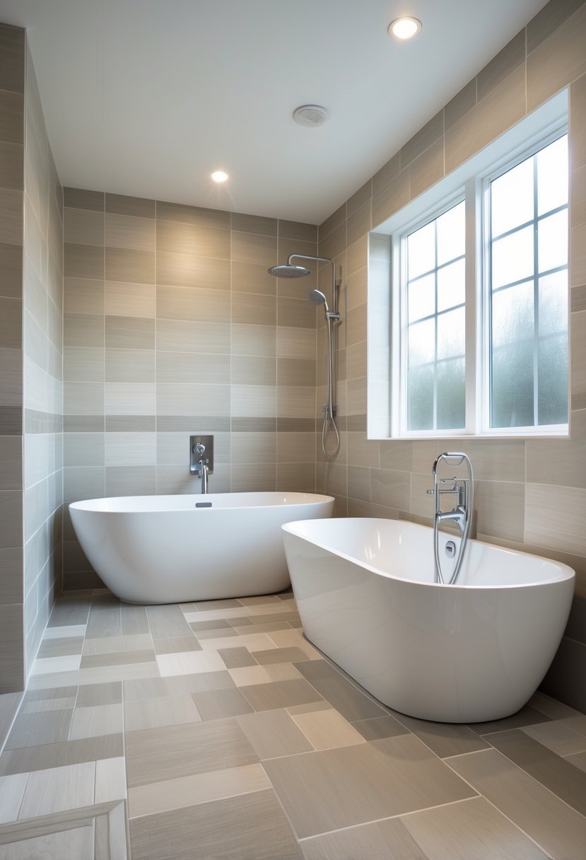 A spacious bathroom with large neutral-tone porcelain tiles, a white tub and shower combo, and natural light coming through a frosted window.