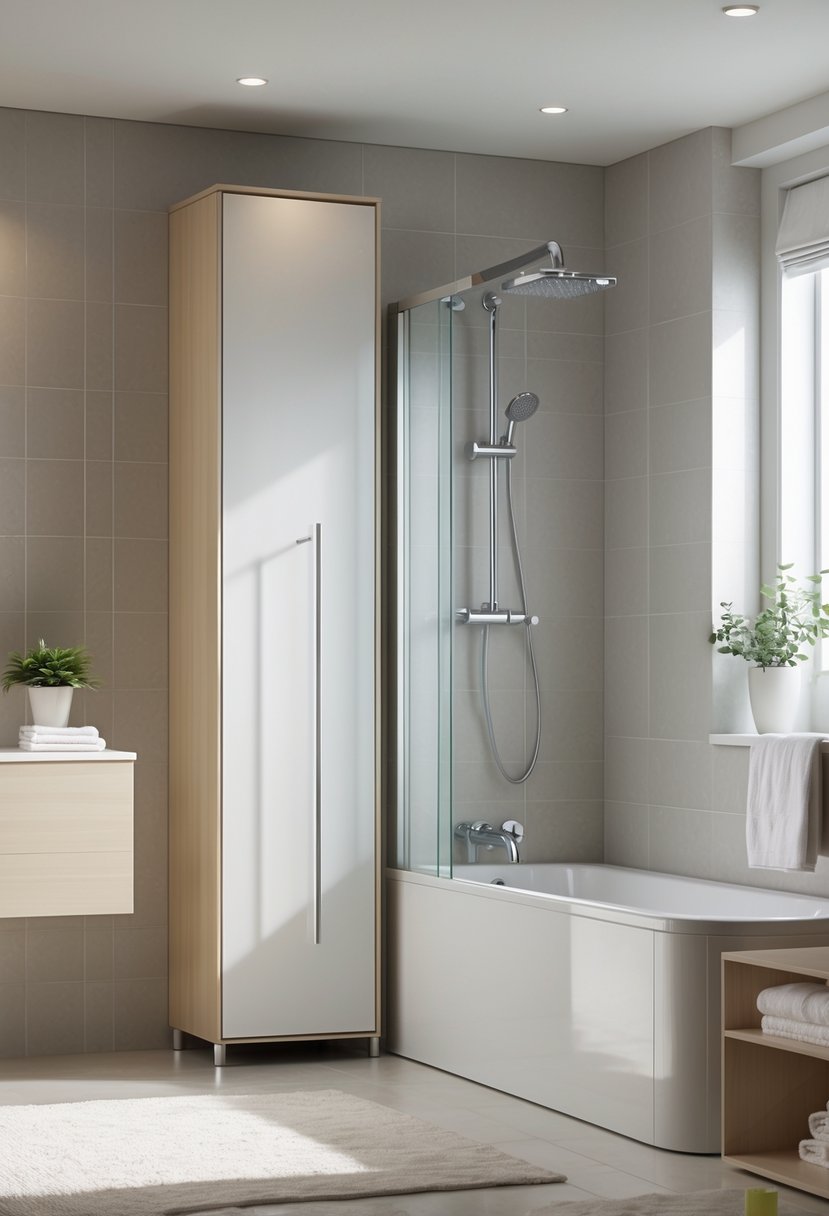 A bathroom with a slim storage cabinet next to a tub-shower combination with glass doors.
