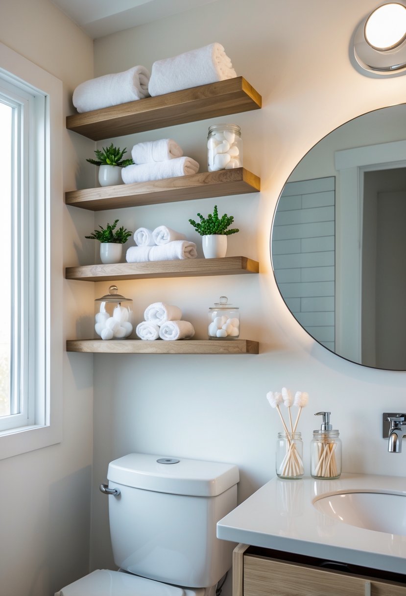 A small bathroom with floating wooden shelves above the toilet holding towels, plants, and storage jars.