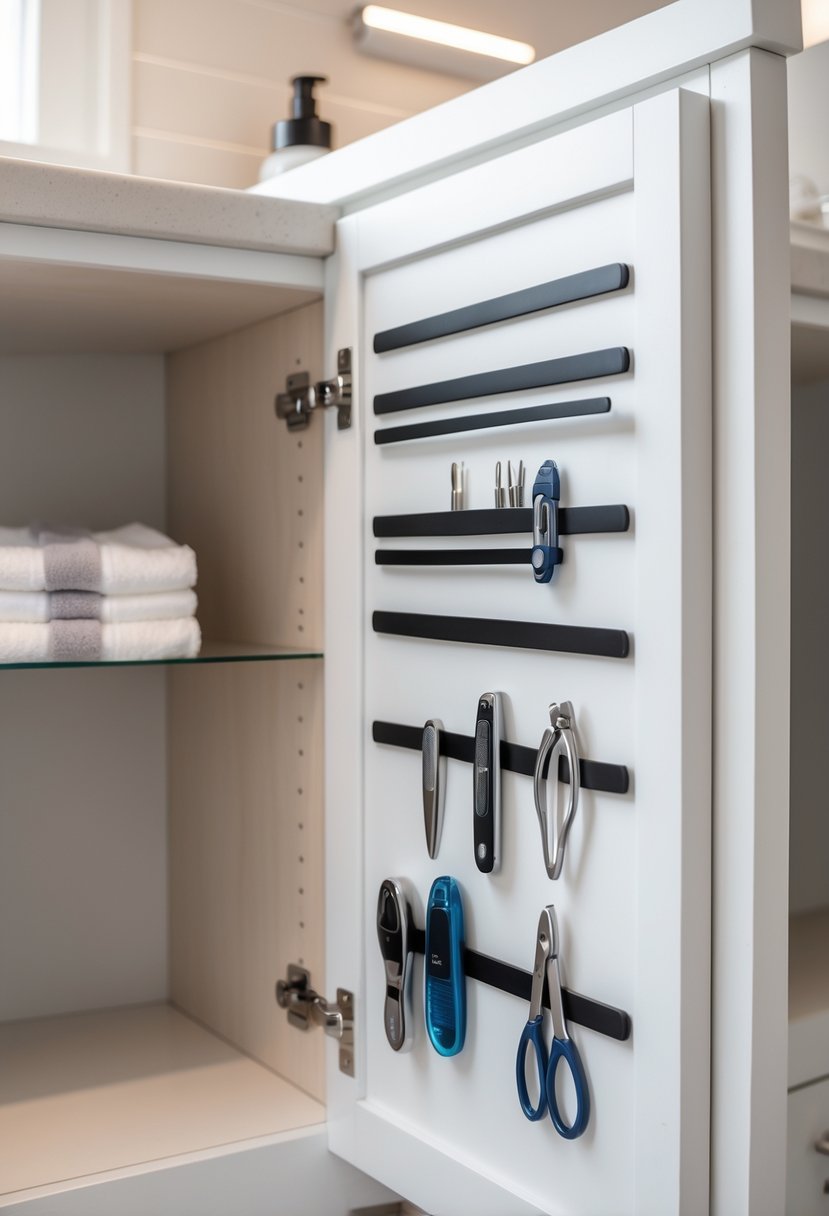 Inside of a bathroom cabinet door with magnetic strips holding small metal items like scissors and tweezers for organized storage.