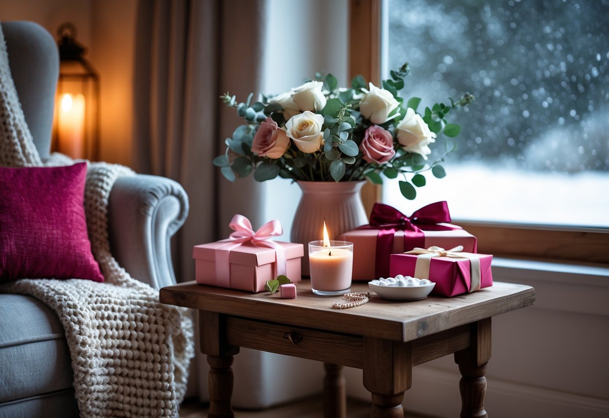 A cozy indoor scene with wrapped romantic gifts, a bouquet of winter flowers, and a cup of hot cocoa near a frosted window showing snowfall.