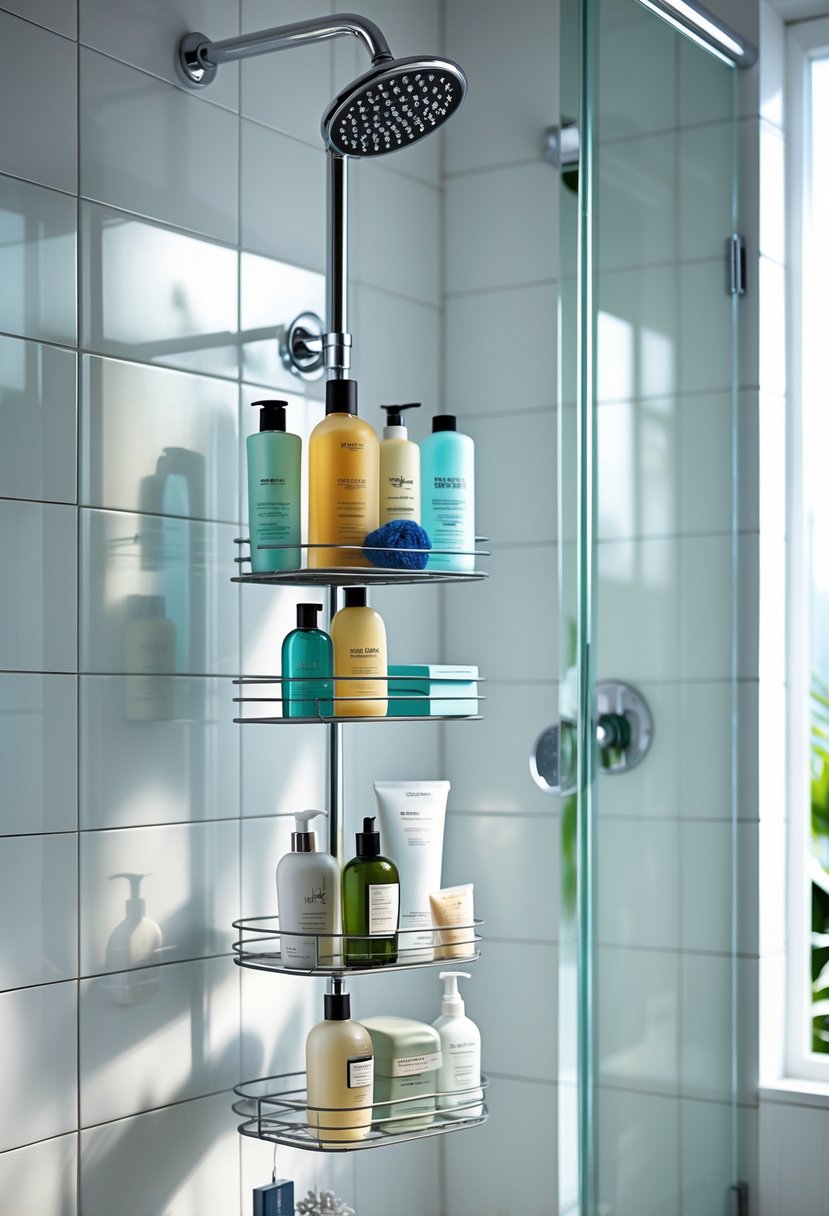 A tiered shower caddy hanging in a bathroom shower, neatly holding various toiletries like shampoo and soap bottles.