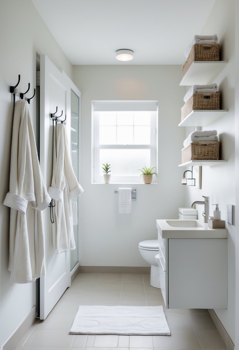 A small bathroom with over-the-door hooks holding towels and robes, a vanity with sink and mirror, and neatly organized shelves.