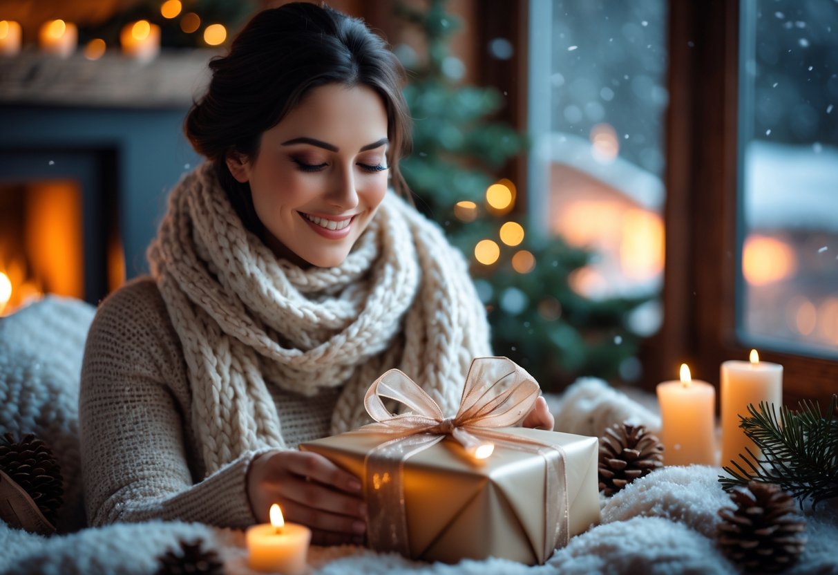 A woman wrapped in a scarf smiles as she opens a gift by a window with snow falling outside and a fireplace glowing nearby.