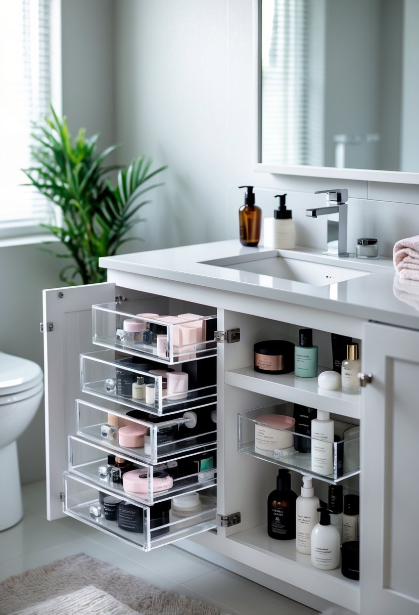 Open bathroom vanity cabinet with clear stackable acrylic drawers filled with organized small bathroom items.