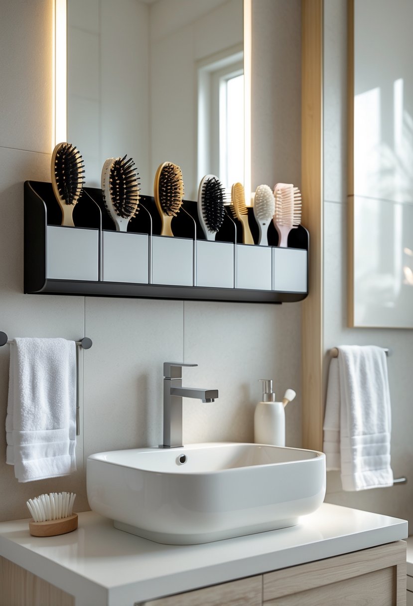 A bathroom wall with peel-and-stick backsplash storage holding brushes and combs above a sink.