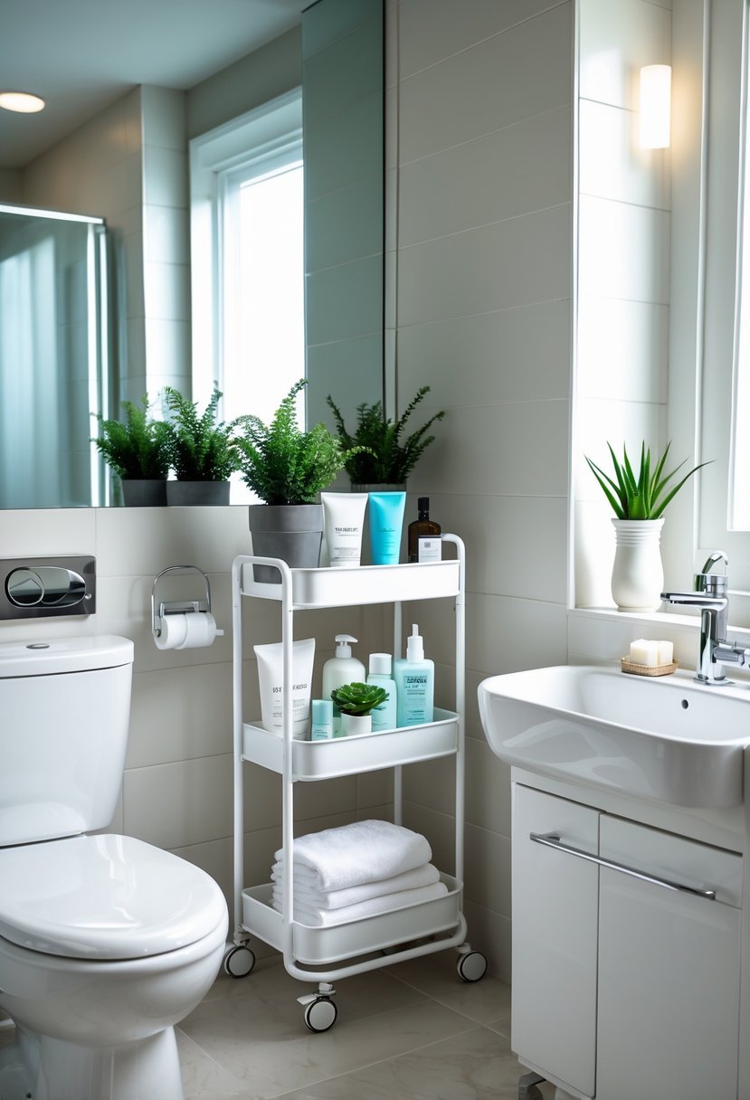 A small bathroom with a slim rolling cart placed between the toilet and the sink, holding towels and toiletries.