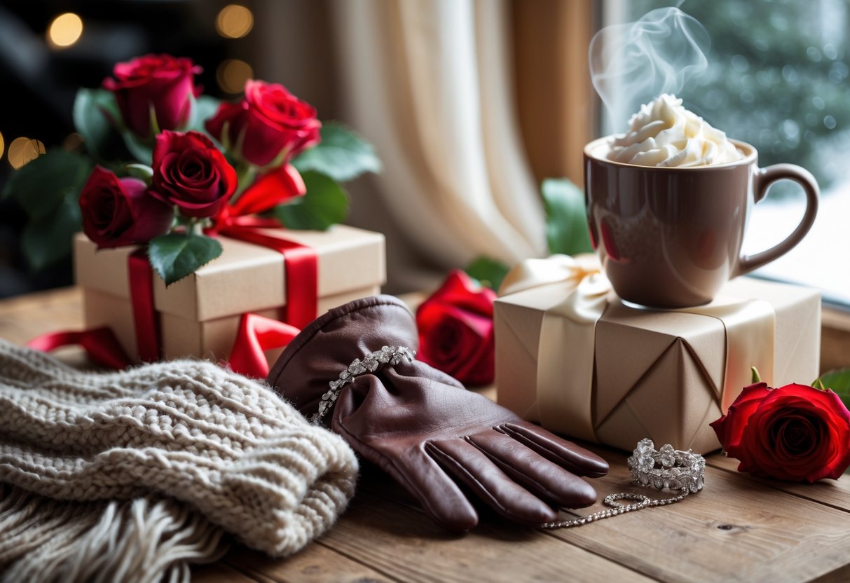 A cozy winter scene with romantic gifts including a scarf, gloves, jewelry box, wrapped gift, hot chocolate, and red roses on a wooden table near a snowy window.