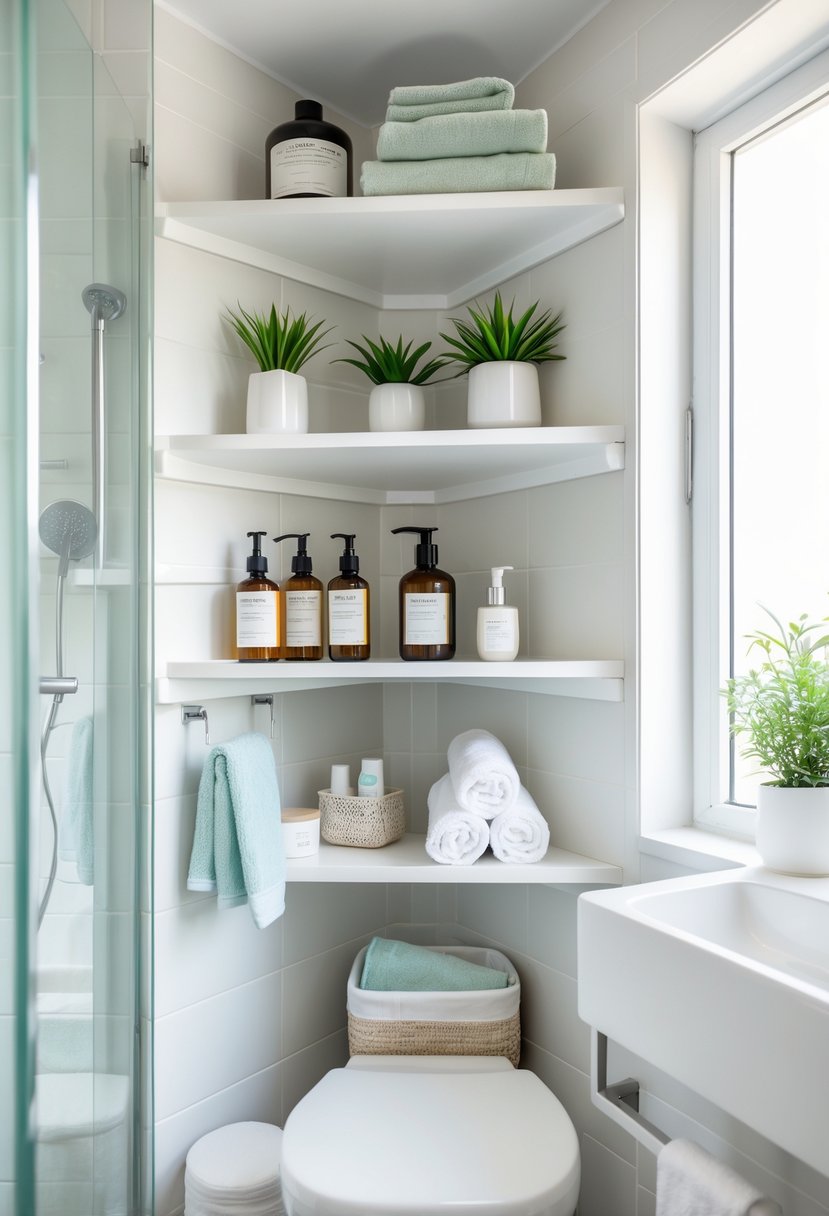 A small bathroom with corner shelves holding toiletries, towels, and plants, showing organized and efficient use of space.