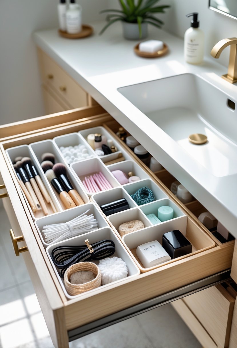 Open bathroom drawer with small items neatly organized using dividers, showing cotton swabs, brushes, and skincare products.