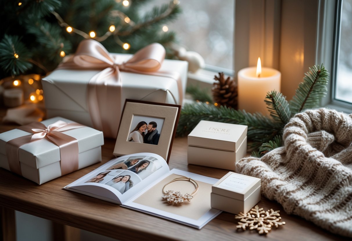 A table with personalized romantic gifts including a wrapped box, photo album, jewelry box, and knitted scarf, surrounded by winter decorations and soft candlelight.
