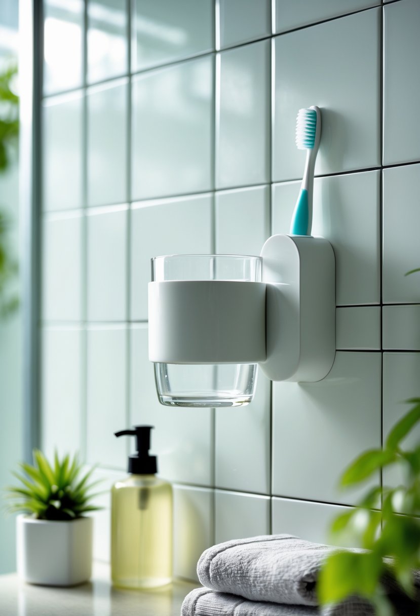 A bathroom wall with a mounted toothbrush holder that includes a built-in cup, above a tidy countertop with bathroom essentials.