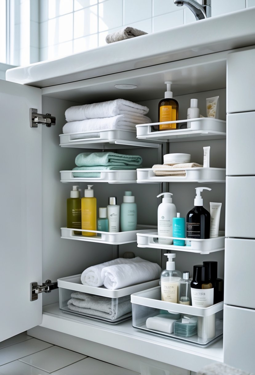 An open under-sink bathroom cabinet with adjustable organizers holding towels, bottles, and toiletries neatly arranged on multiple levels.