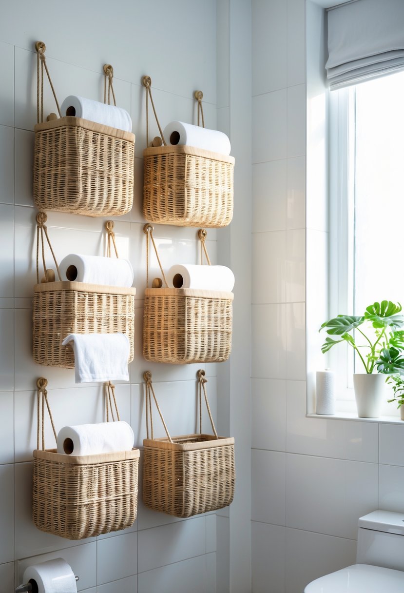 A bathroom wall with hanging baskets holding towels and toilet paper rolls.