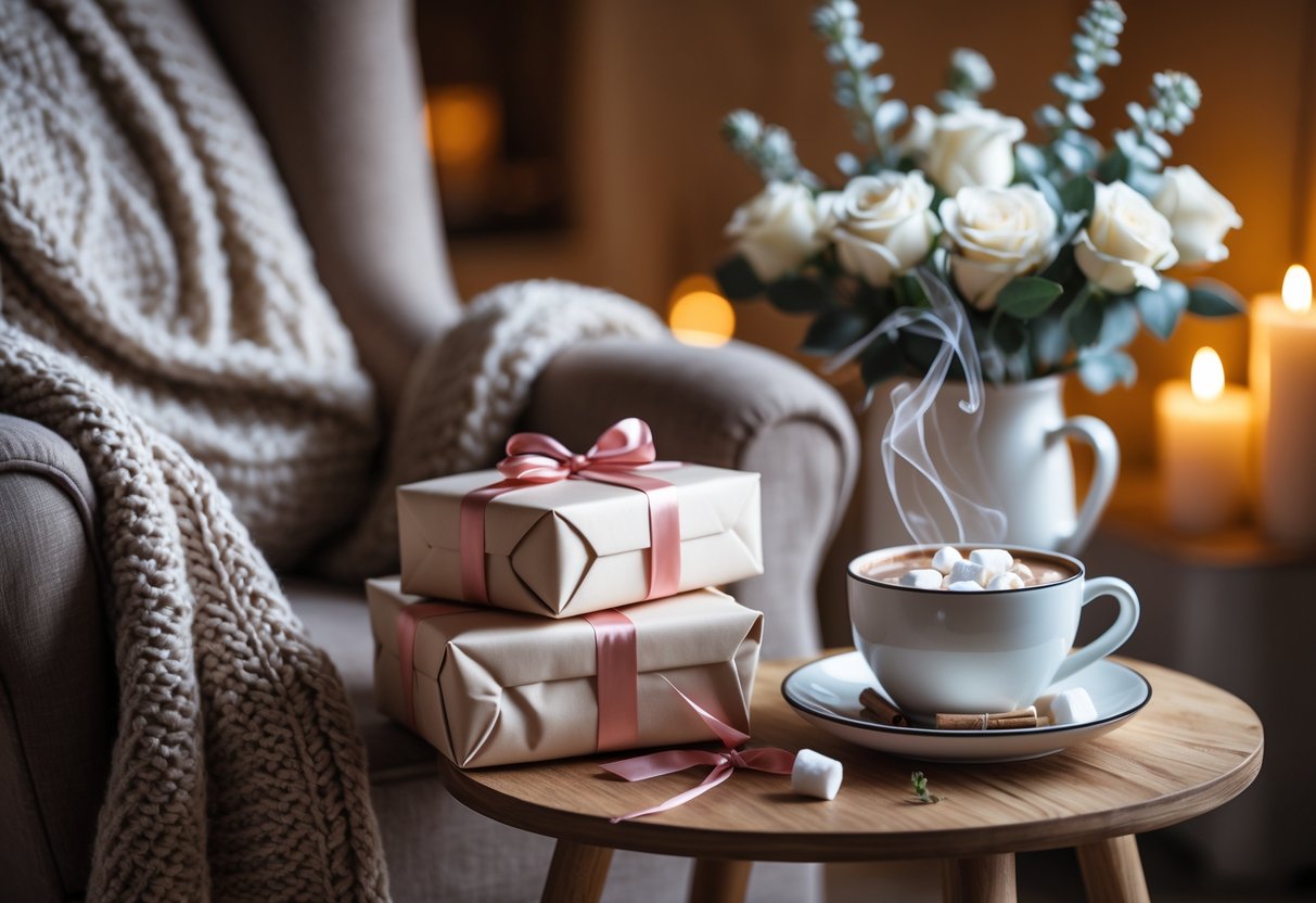 A cozy indoor scene with wrapped gifts, a knitted blanket on an armchair, a cup of hot cocoa, and candles creating a warm winter evening atmosphere.