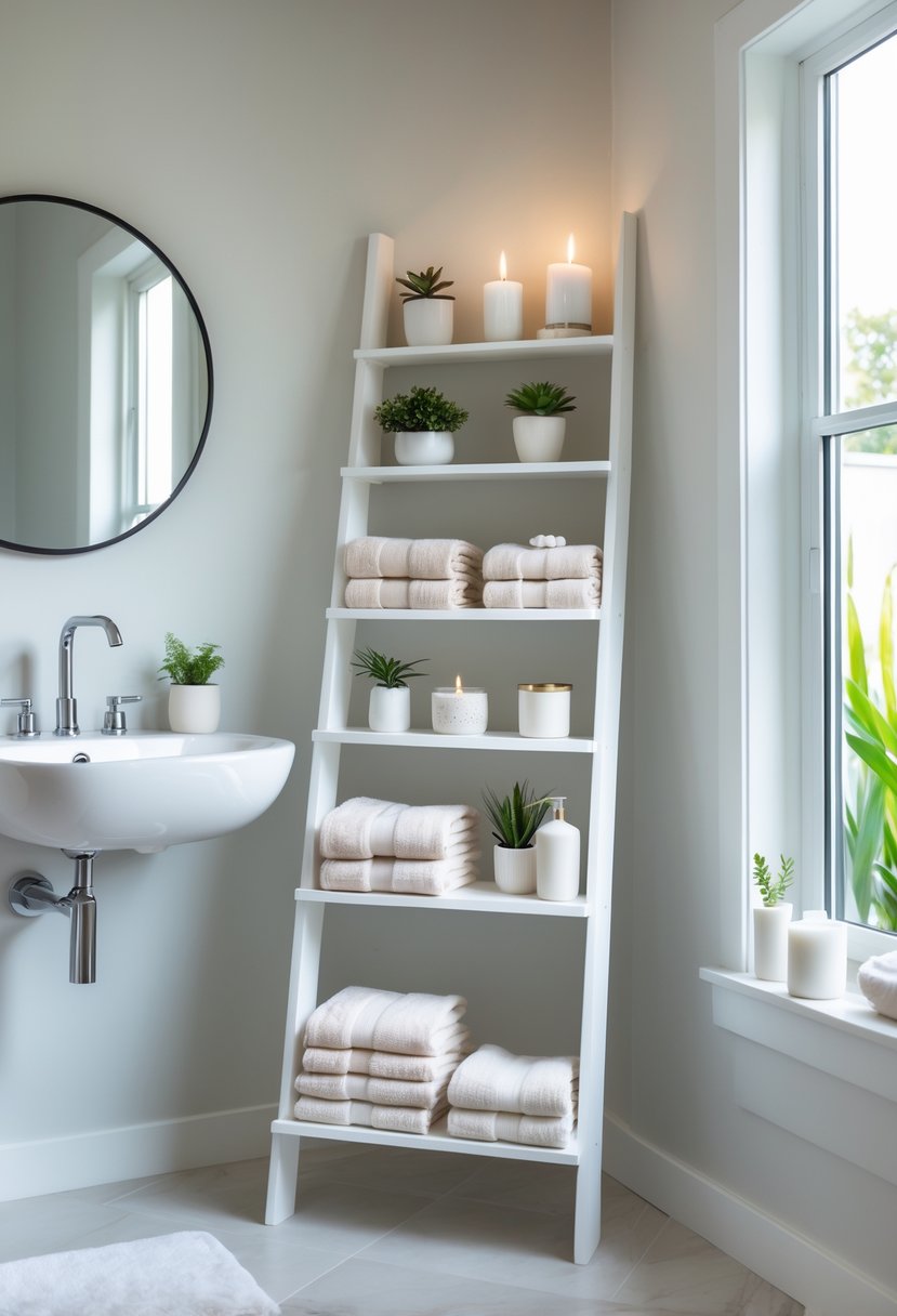 A small bathroom with a ladder shelf holding folded towels and decorative items next to a sink and mirror.