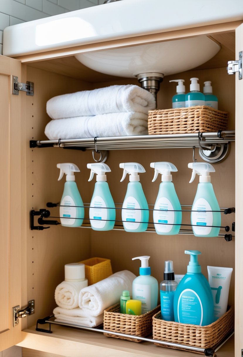 Bathroom cabinet under the sink with tension rods holding spray bottles and organized cleaning supplies.