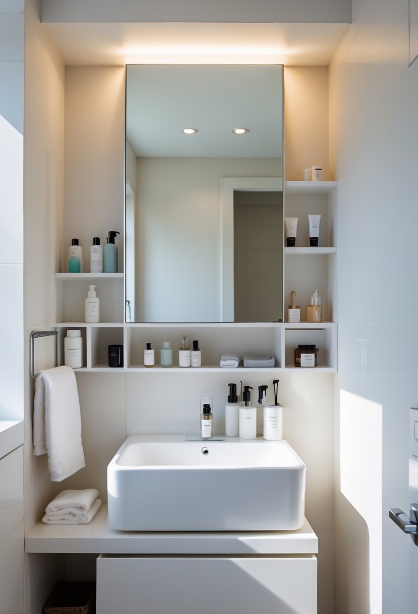 Small bathroom with a recessed medicine cabinet with mirror above the sink and organized toiletries.