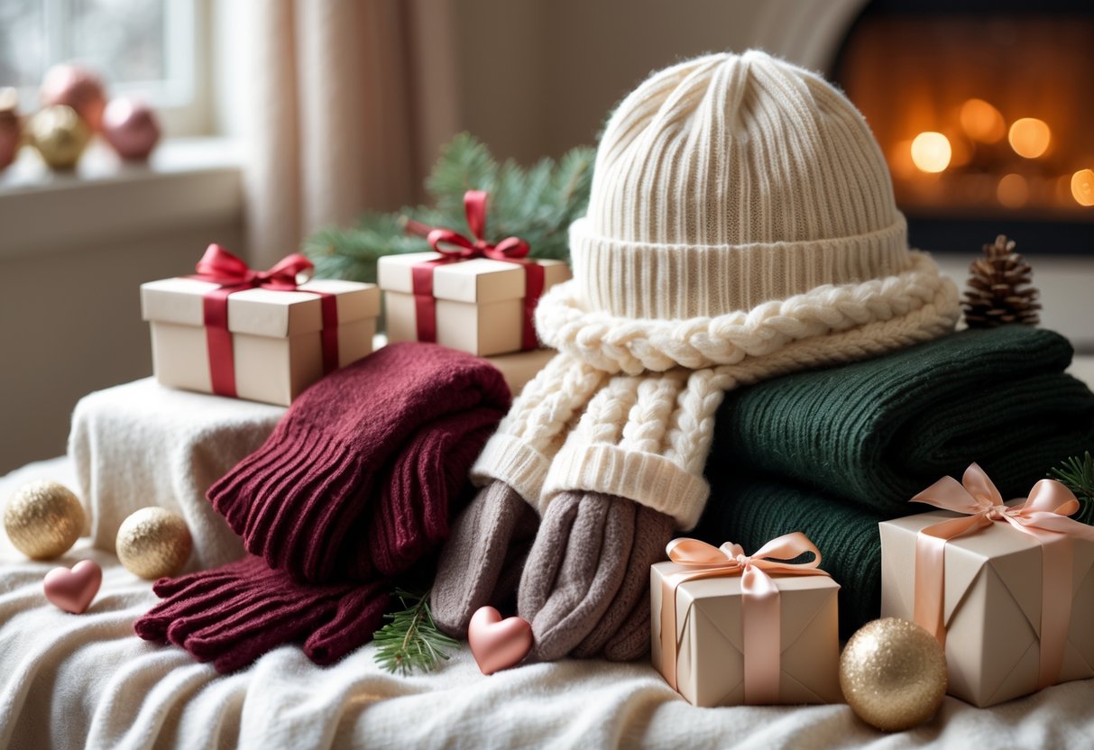 A display of warm winter clothing and romantic gift items including scarves, gloves, a hat, and gift boxes with ribbons, arranged on a soft surface with winter greenery.
