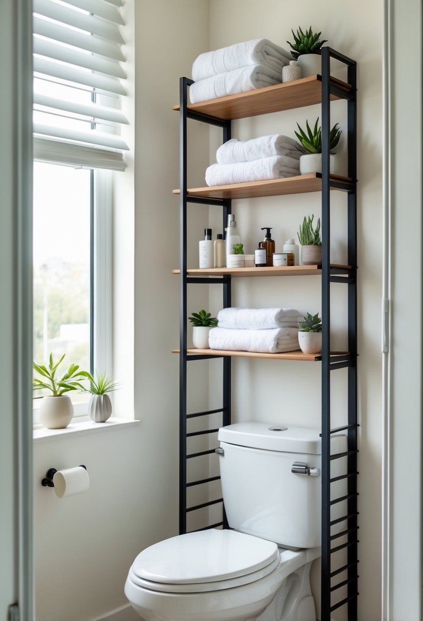 Small bathroom with an over-the-toilet shelving unit holding towels, toiletries, and plants above a white toilet.