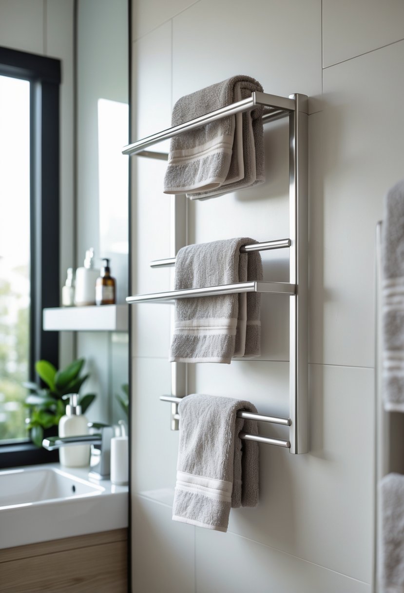 A bathroom wall with a fold-down drying rack holding small hand towels near a sink and bathroom accessories.