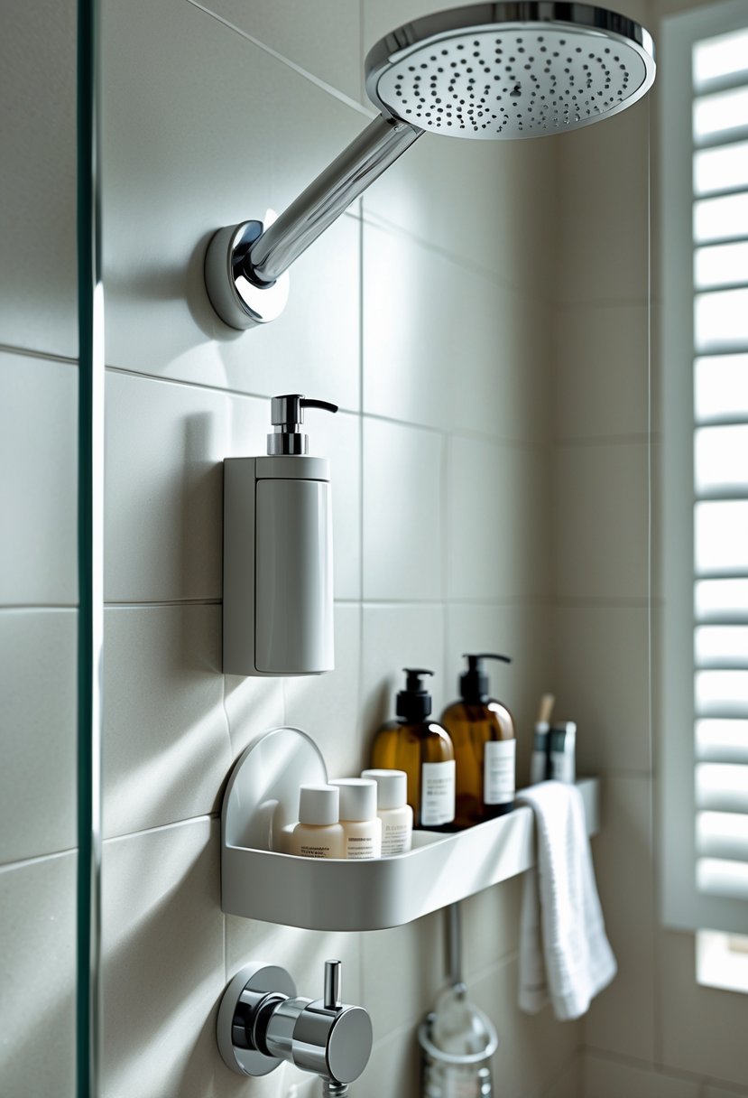 A shower area with a suction cup soap dispenser attached to the tiled wall and organized bathroom items nearby.
