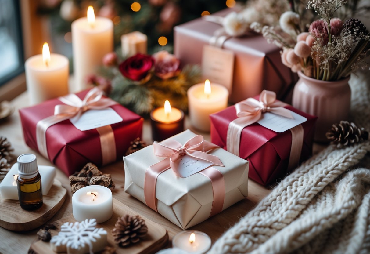 A cozy indoor scene with wrapped winter gifts, lit candles, dried flowers, and essential oil bottles arranged together to create a warm and romantic atmosphere.