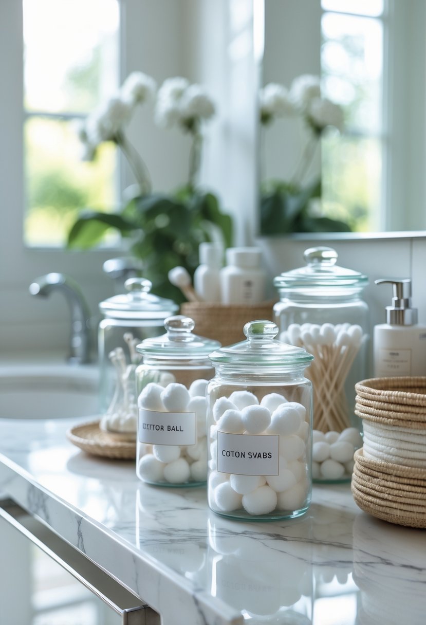 A bathroom countertop with small labeled glass jars holding cotton balls and cotton swabs, arranged neatly alongside other bathroom organization items.