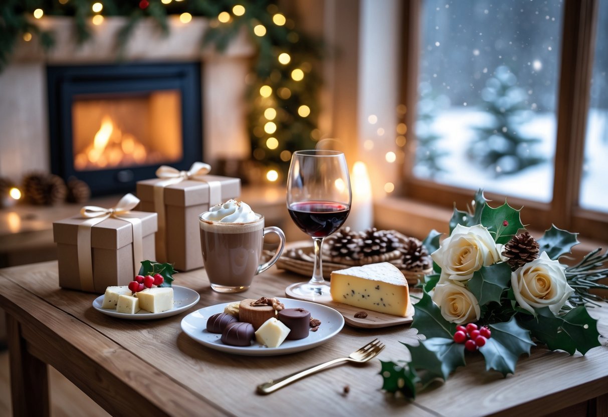 A warm winter scene with a wooden table holding romantic food and drink gifts including hot chocolate, red wine, chocolates, cheeses, and flowers near a fireplace with snowfall visible through a window.