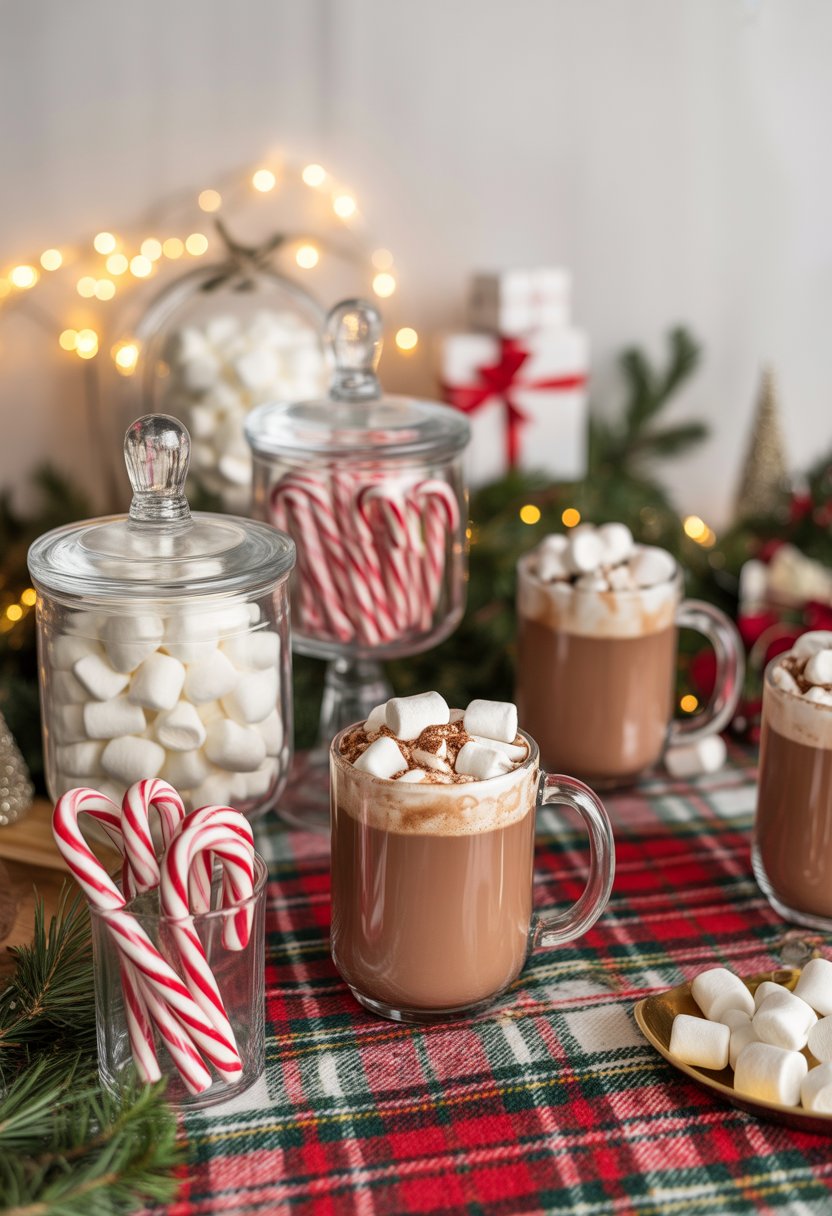 A festive hot cocoa bar with jars of marshmallows and candy canes, mugs of hot cocoa topped with whipped cream, and holiday decorations on a table.