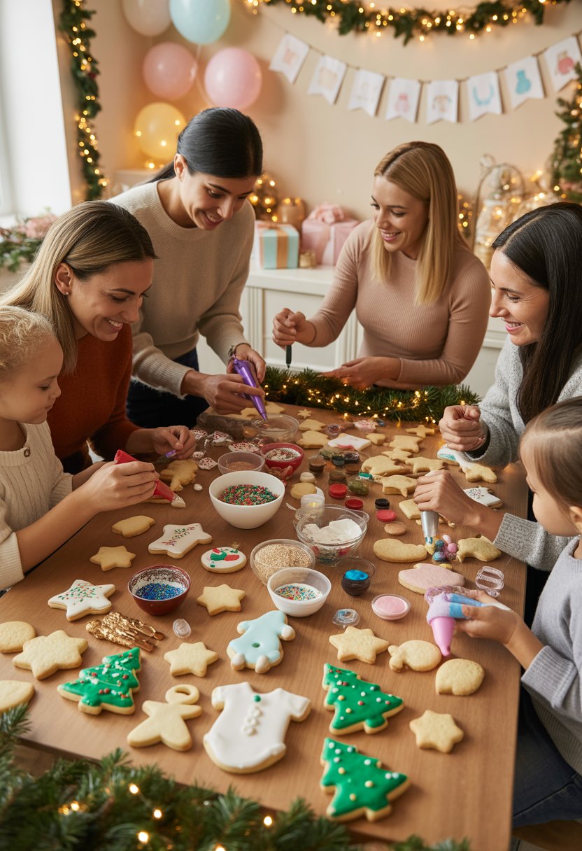 People decorating Christmas-themed cookies at a festive baby shower with holiday decorations and treats on the table.