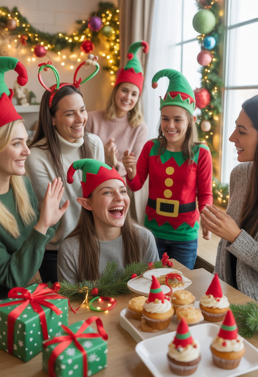 A group of people enjoying elf-themed Christmas games and activities at a decorated baby shower with festive decorations and holiday treats.